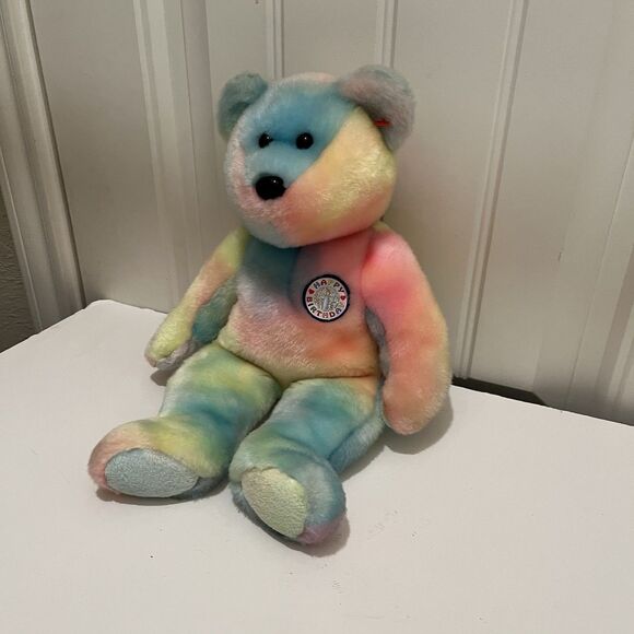 Ty Beanie Buddies Happy Birthday Bear Plush Tie Dye Pastel 14" Stuffed Toy 2001 - Picture 5 of 10